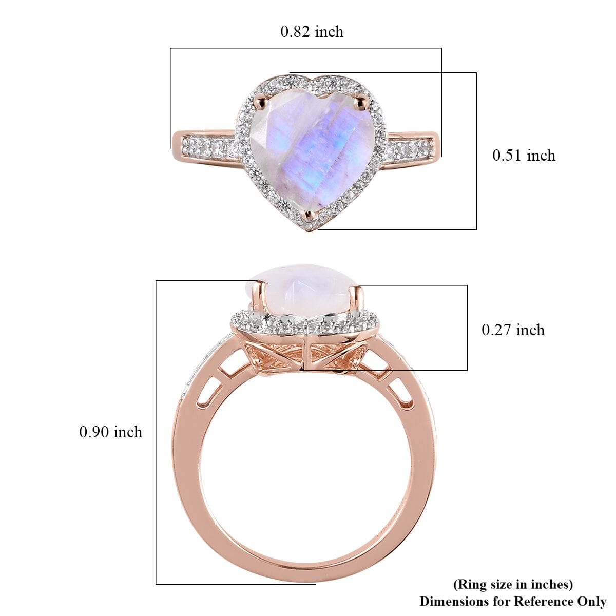 Moon Glow Moonstone and Natural White Zircon Heart Ring in Vermeil Rose Gold Over Sterling Silver (Size 9.0) 2.60 ctw image number 5