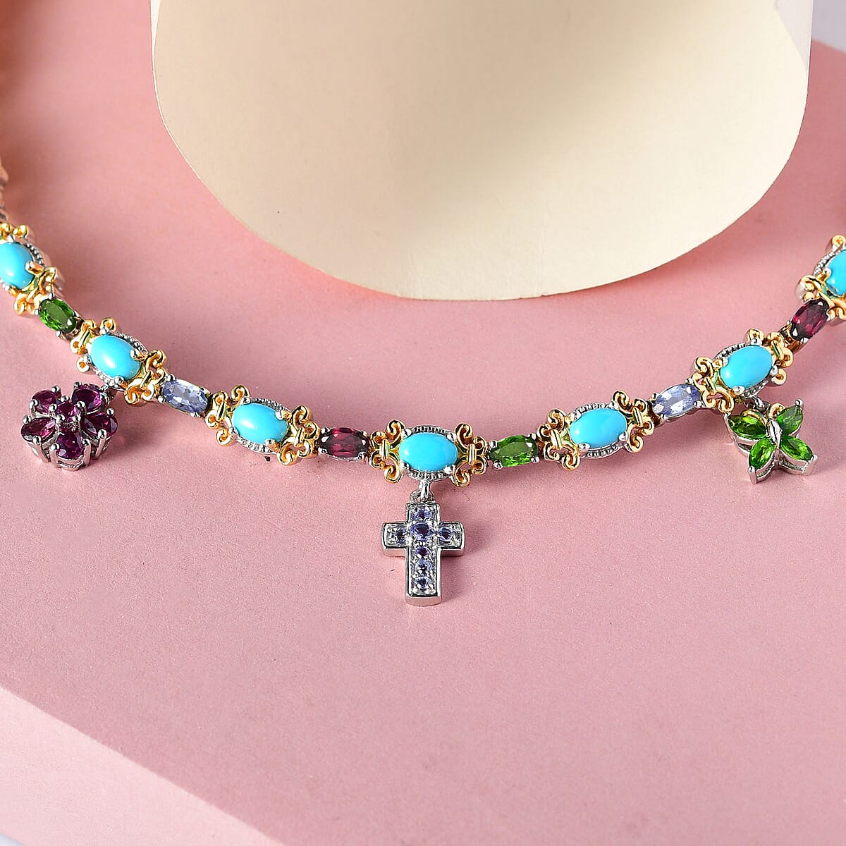 Sleeping Beauty Turquoise and Multi Gemstone Bracelet with Charm in Vermeil YG and Platinum Over Sterling Silver (7.25 In) 8.50 ctw image number 1