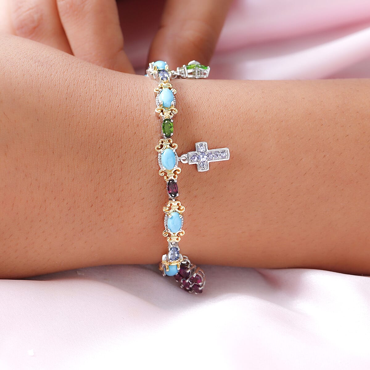 Sleeping Beauty Turquoise and Multi Gemstone Bracelet with Charm in Vermeil YG and Platinum Over Sterling Silver (7.25 In) 8.50 ctw image number 2