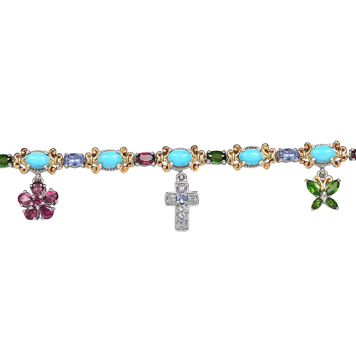 Sleeping Beauty Turquoise and Multi Gemstone Bracelet with Charm in Vermeil YG and Platinum Over Sterling Silver (7.25 In) 8.50 ctw image number 3