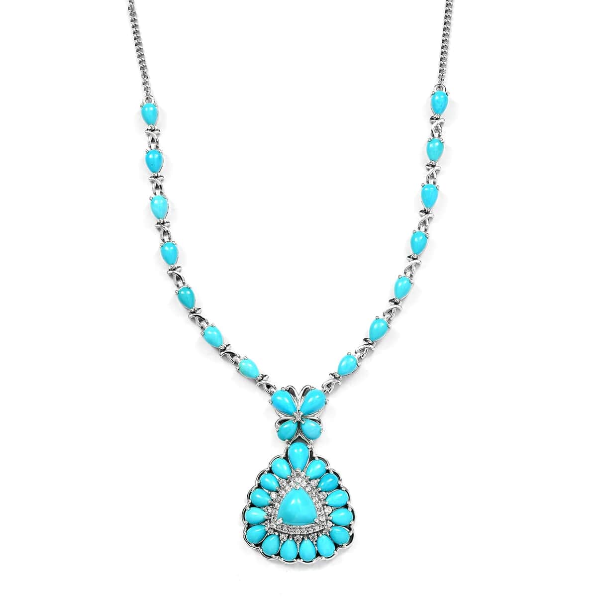 Sleeping Beauty Turquoise and Natural White Zircon Necklace 18 Inches in Platinum Over Sterling Silver 19.10 Grams 17.25 ctw image number 0