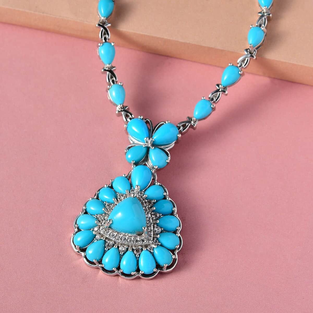 Sleeping Beauty Turquoise and Natural White Zircon Necklace 18 Inches in Platinum Over Sterling Silver 19.10 Grams 17.25 ctw image number 1