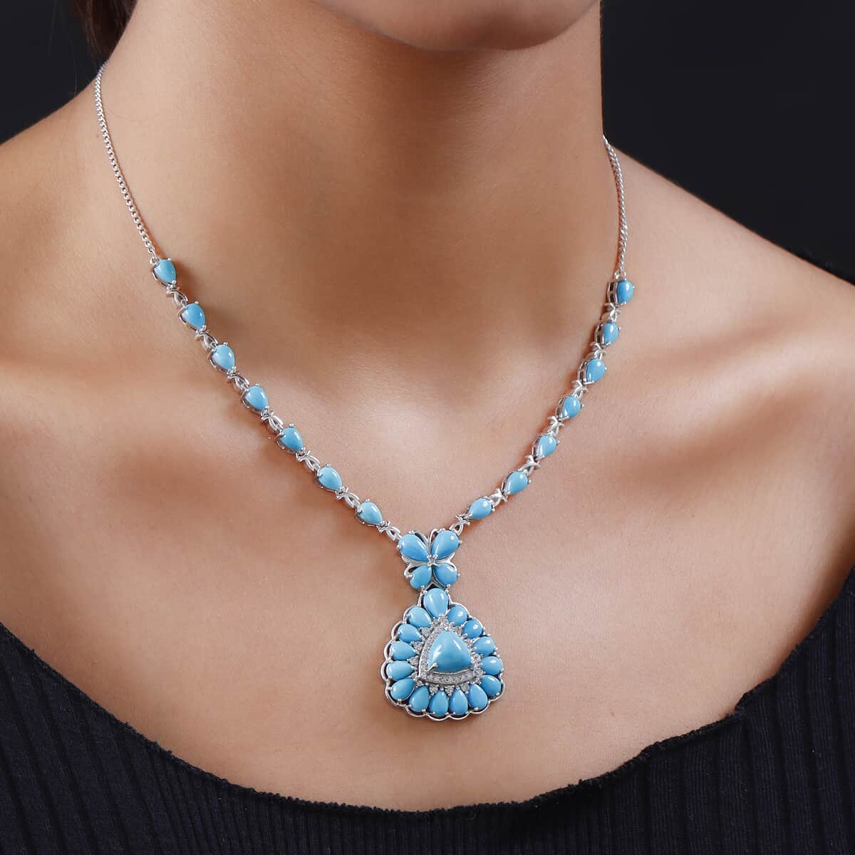 Sleeping Beauty Turquoise and Natural White Zircon Necklace 18 Inches in Platinum Over Sterling Silver 19.10 Grams 17.25 ctw image number 2