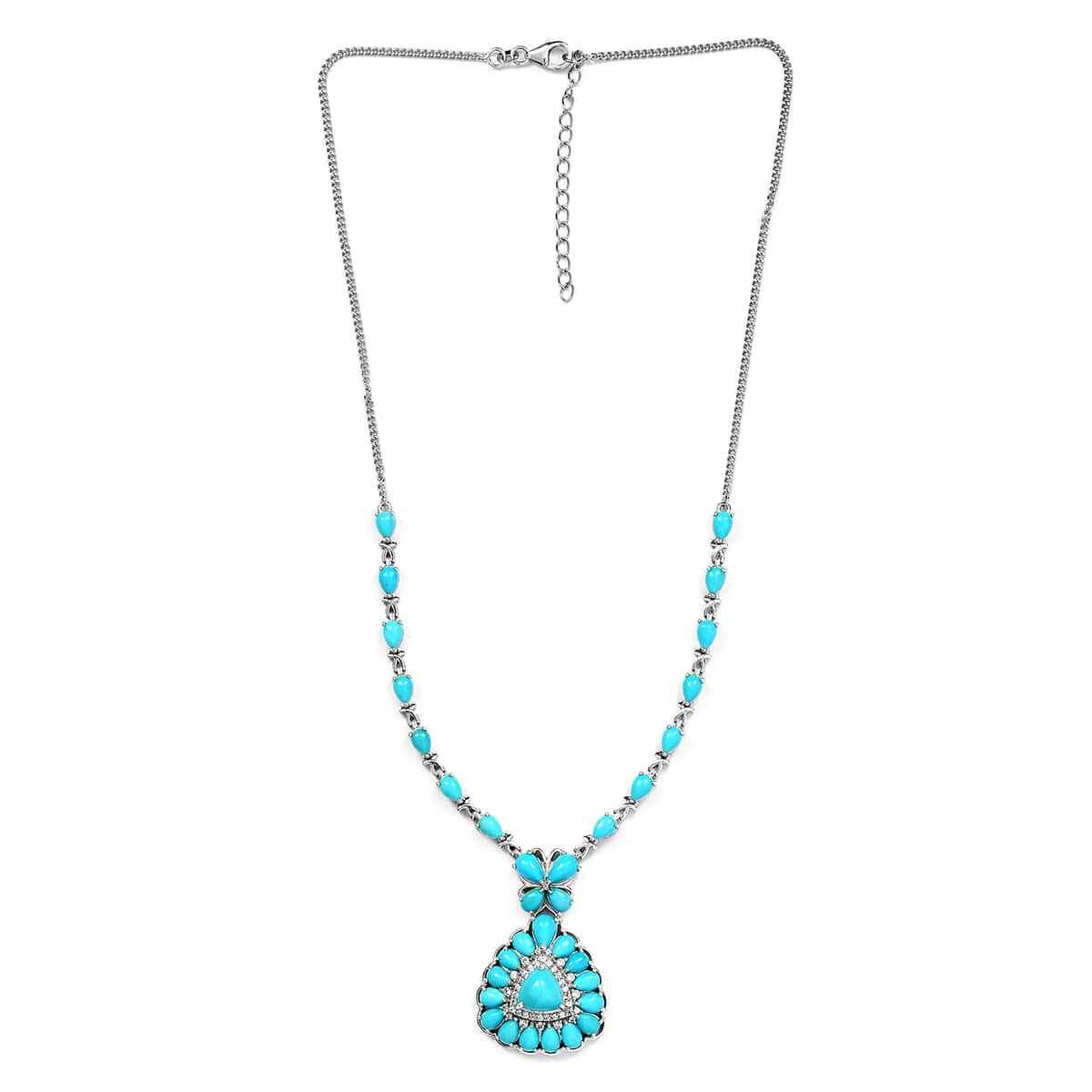 Sleeping Beauty Turquoise and Natural White Zircon Necklace 18 Inches in Platinum Over Sterling Silver 19.10 Grams 17.25 ctw image number 3