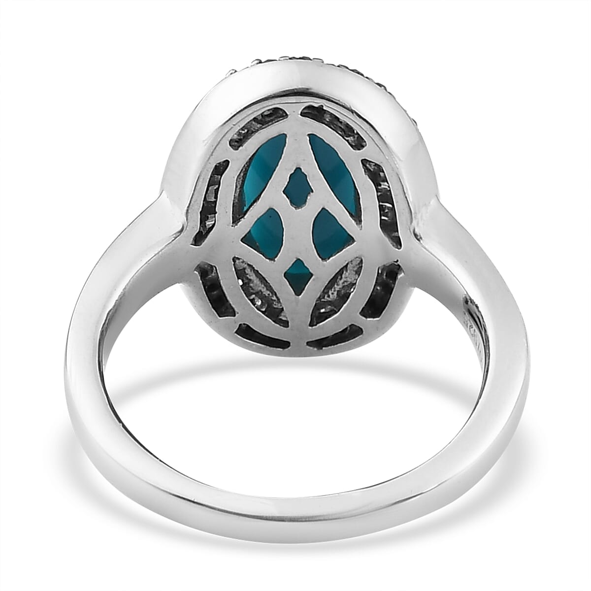 AMERICAN Natural Sleeping Beauty Turquoise, Natural Champagne and White Diamond Halo Ring in Rhodium & Platinum Over Sterling Silver 2.50 ctw image number 4