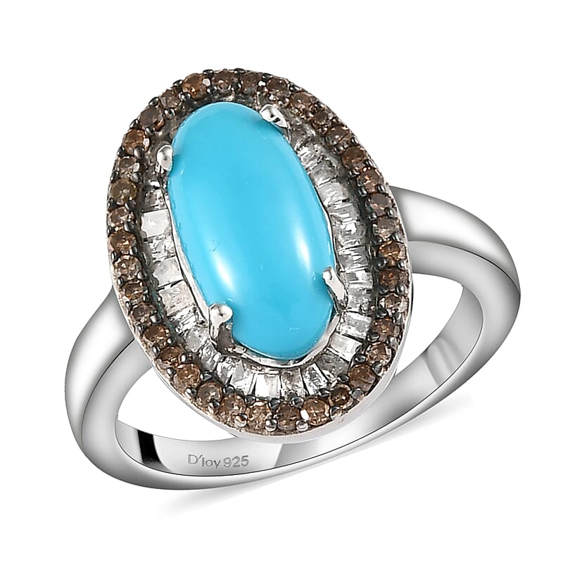 Sleeping Beauty Turquoise, Natural Champagne and White Diamond Ring in Rhodium & Platinum Over Sterling Silver (Size 5.0) 2.50 ctw