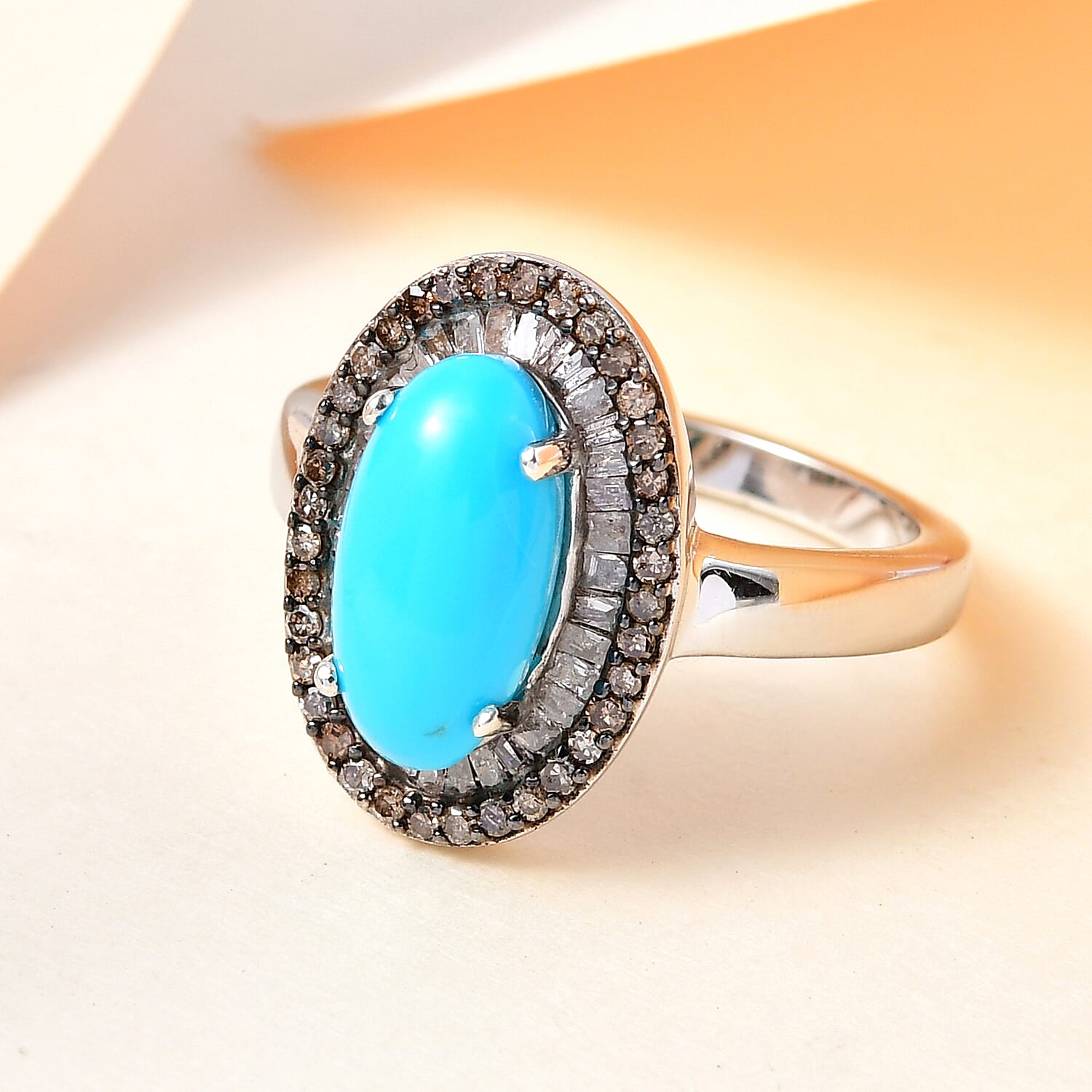 Sleeping Beauty Turquoise, Natural Champagne and White Diamond Ring in Rhodium & Platinum Over Sterling Silver (Size 5.0) 2.50 ctw
