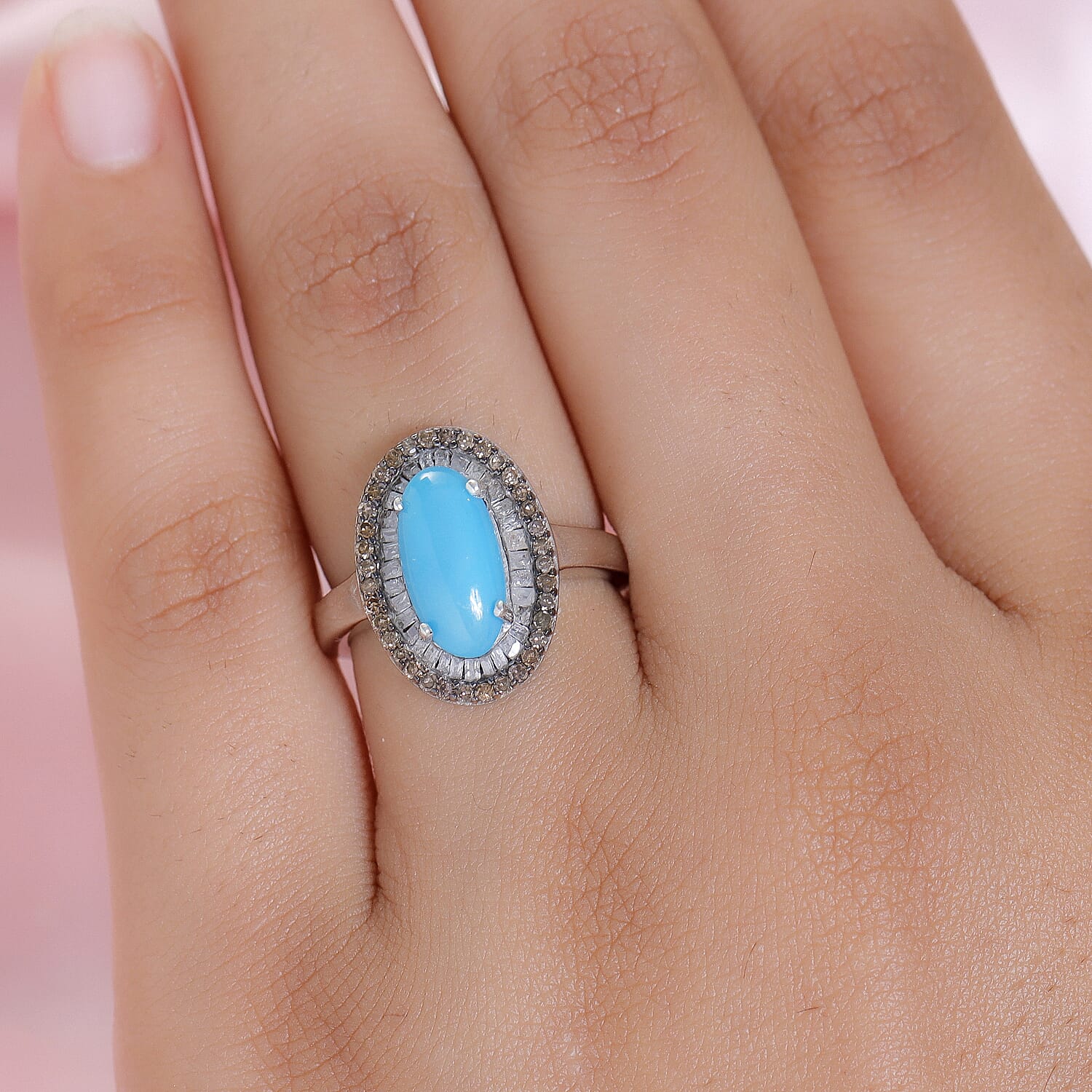 Sleeping Beauty Turquoise, Natural Champagne and White Diamond Ring in Rhodium & Platinum Over Sterling Silver (Size 5.0) 2.50 ctw