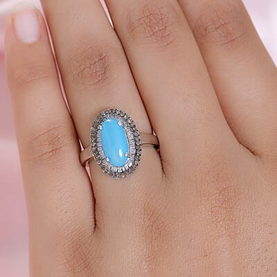 Sleeping Beauty Turquoise, Natural Champagne and White Diamond Ring in Rhodium & Platinum Over Sterling Silver (Size 5.0) 2.50 ctw