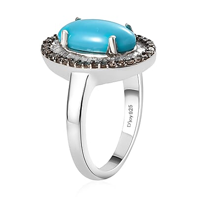 Sleeping Beauty Turquoise, Natural Champagne and White Diamond Ring in Rhodium & Platinum Over Sterling Silver (Size 5.0) 2.50 ctw