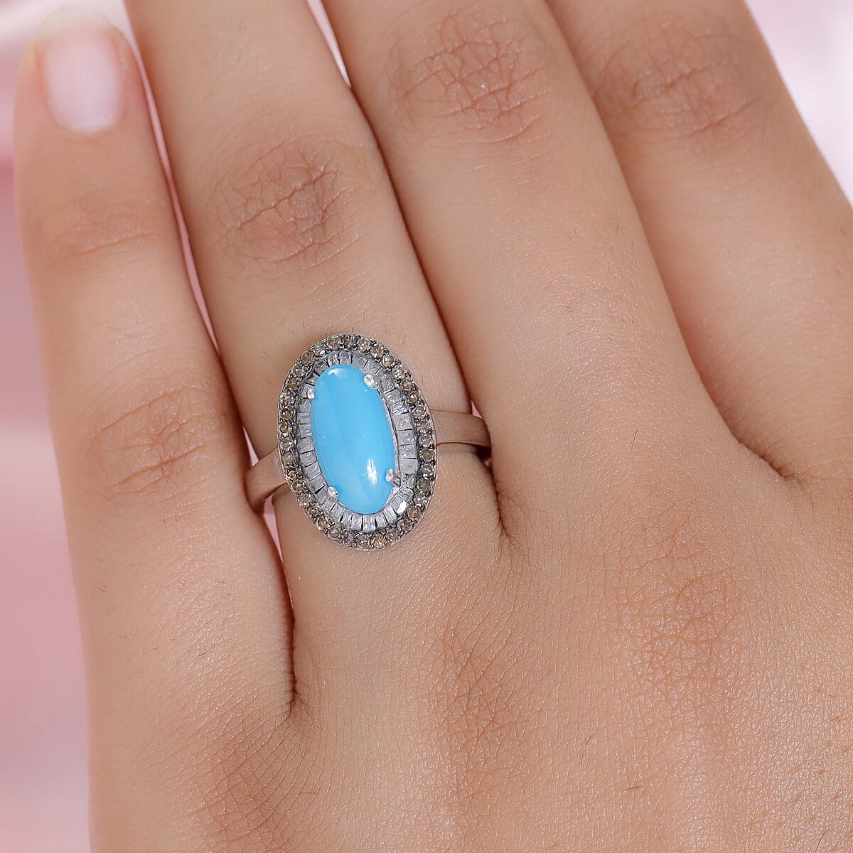 Sleeping Beauty Turquoise, Natural Champagne and White Diamond Ring in Rhodium & Platinum Over Sterling Silver (Size 7.0) 2.50 ctw image number 2