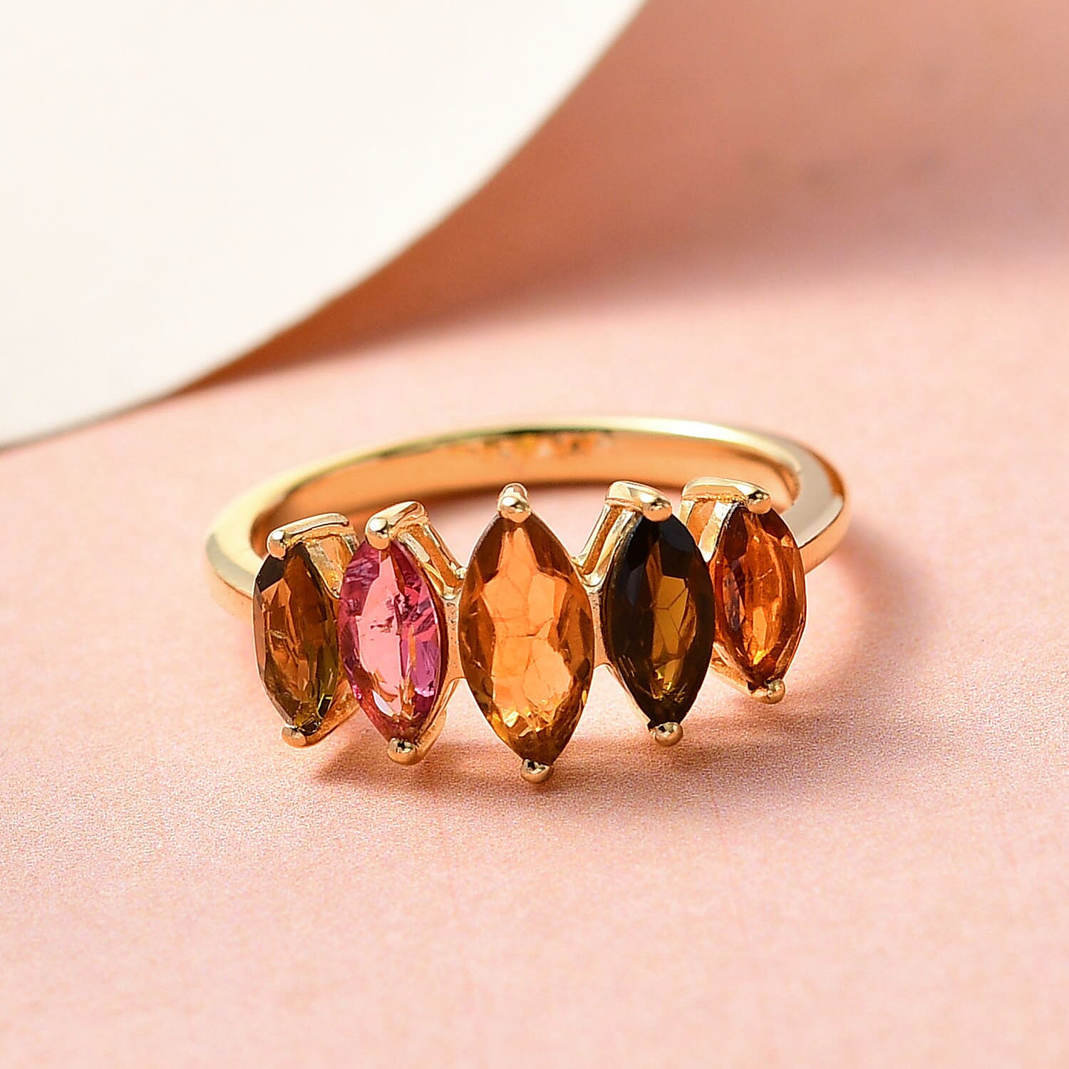 Multi-Tourmaline 5 Stone Ring in Vermeil Yellow Gold Over Sterling Silver (Size 10.0) 1.60 ctw