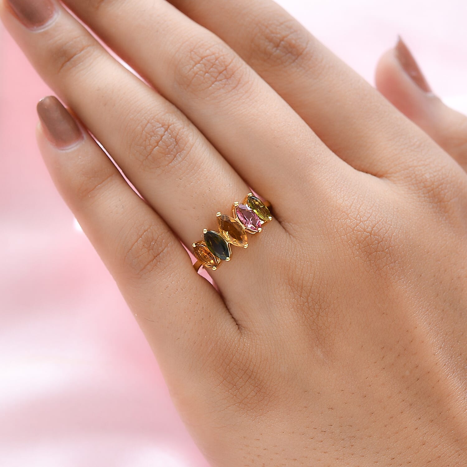 Multi-Tourmaline 5 Stone Ring in Vermeil Yellow Gold Over Sterling Silver (Size 10.0) 1.60 ctw