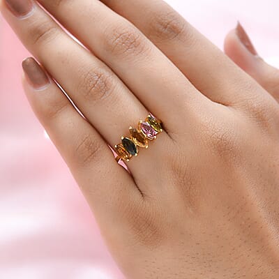 Multi-Tourmaline 5 Stone Ring in Vermeil Yellow Gold Over Sterling Silver (Size 10.0) 1.60 ctw
