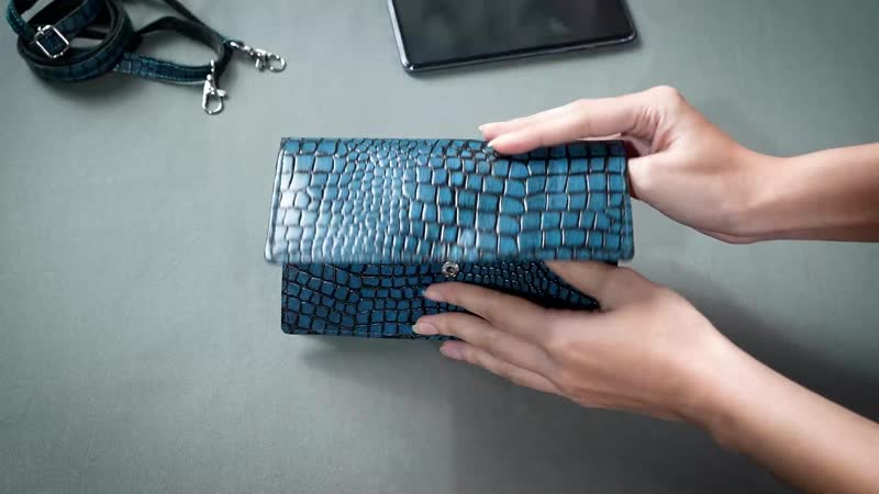 "Croco Embossed Genuine Leather Mobile Phone Wallet Size: 7.4(L)x1(W)x4.5(H) Inches Color: Turquoise"
