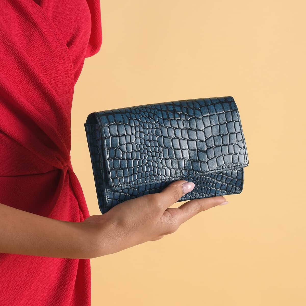 "Croco Embossed Genuine Leather Mobile Phone Wallet Size: 7.4(L)x1(W)x4.5(H) Inches Color: Turquoise" image number 2