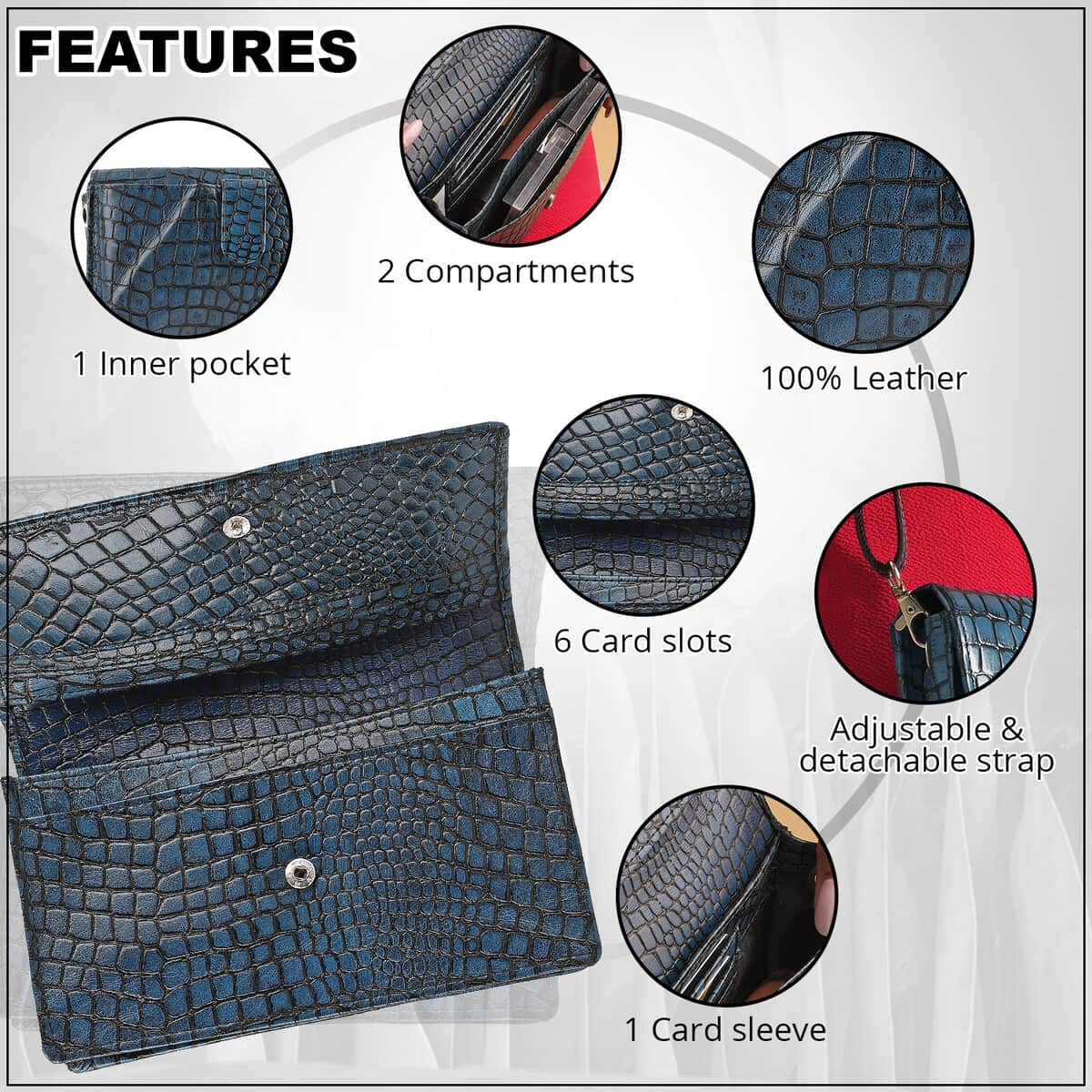 "Croco Embossed Genuine Leather Mobile Phone Wallet Size: 7.4(L)x1(W)x4.5(H) Inches Color: Turquoise" image number 3