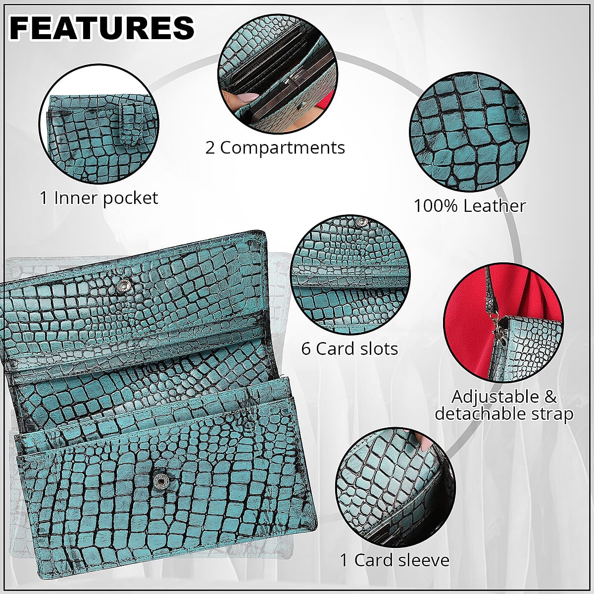 Mint Blue Croco Embossed Mobile Case Genuine Leather Crossbody Bag for Women with Detachable Shoulder Strap, Shoulder Purse, Crossbody Handbags, Designer Crossbody, Leather Handbags image number 3