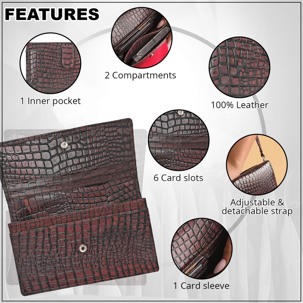 Burgundy Croco Embossed Mobile Case Genuine Leather Crossbody Bag for Women with Detachable Shoulder Strap, Shoulder Purse, Crossbody Handbags, Designer Crossbody, Leather Handbags image number 3