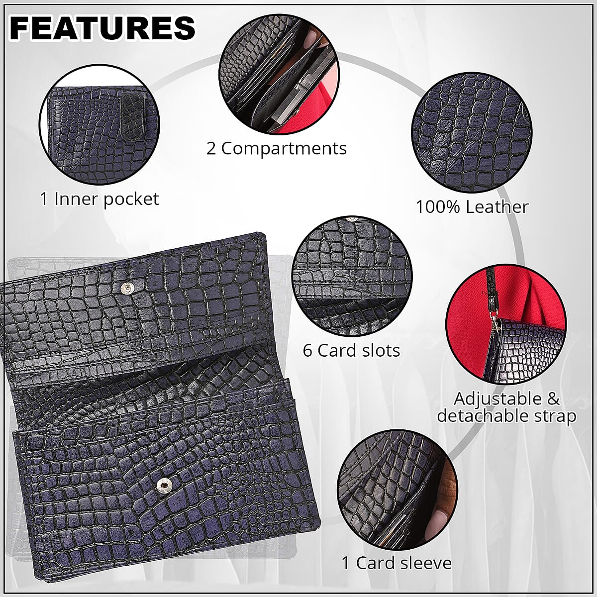 Violet Croco Embossed Mobile Case Genuine Leather Crossbody Bag for Women with Detachable Shoulder Strap, Shoulder Purse, Crossbody Handbags, Designer Crossbody, Leather Handbags image number 3