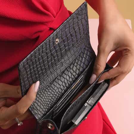 NewAge Black Genuine Leather Croco Embossed Tote Bag with Dual Zipper Wristlet Pouch , Shop LC