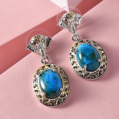 Premium Peruvian Opalina Elephant Earrings in 14K Yellow Gold and Platinum Over Copper with Magnet 9.35 ctw