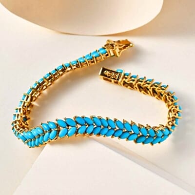 Sleeping Beauty Turquoise 17.05 ctw Cluster Bracelet in 14K Yellow Gold Over Sterling Silver (7.5 In) (14.96 g)