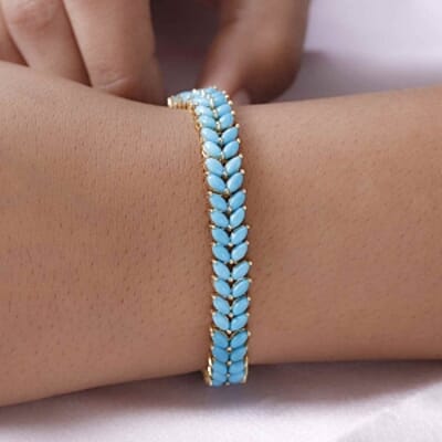 Sleeping Beauty Turquoise 17.05 ctw Cluster Bracelet in 14K Yellow Gold Over Sterling Silver (7.5 In) (14.96 g)