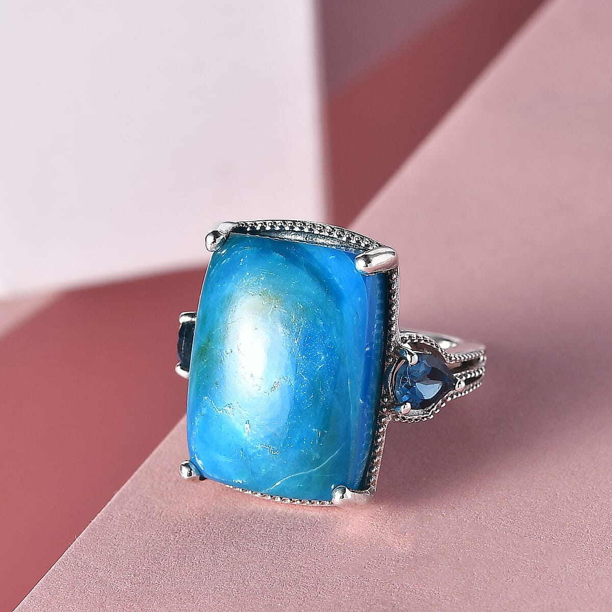 Premium Peruvian Opalina and London Blue Topaz Ring in Platinum Over Sterling Silver (Size 6.0) 12.35 ctw image number 1