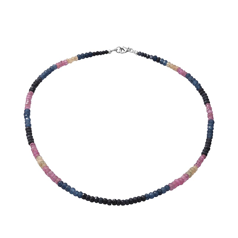 Multi Sapphire Beaded Necklace 18 Inches in Sterling Silver 110.00 ctw