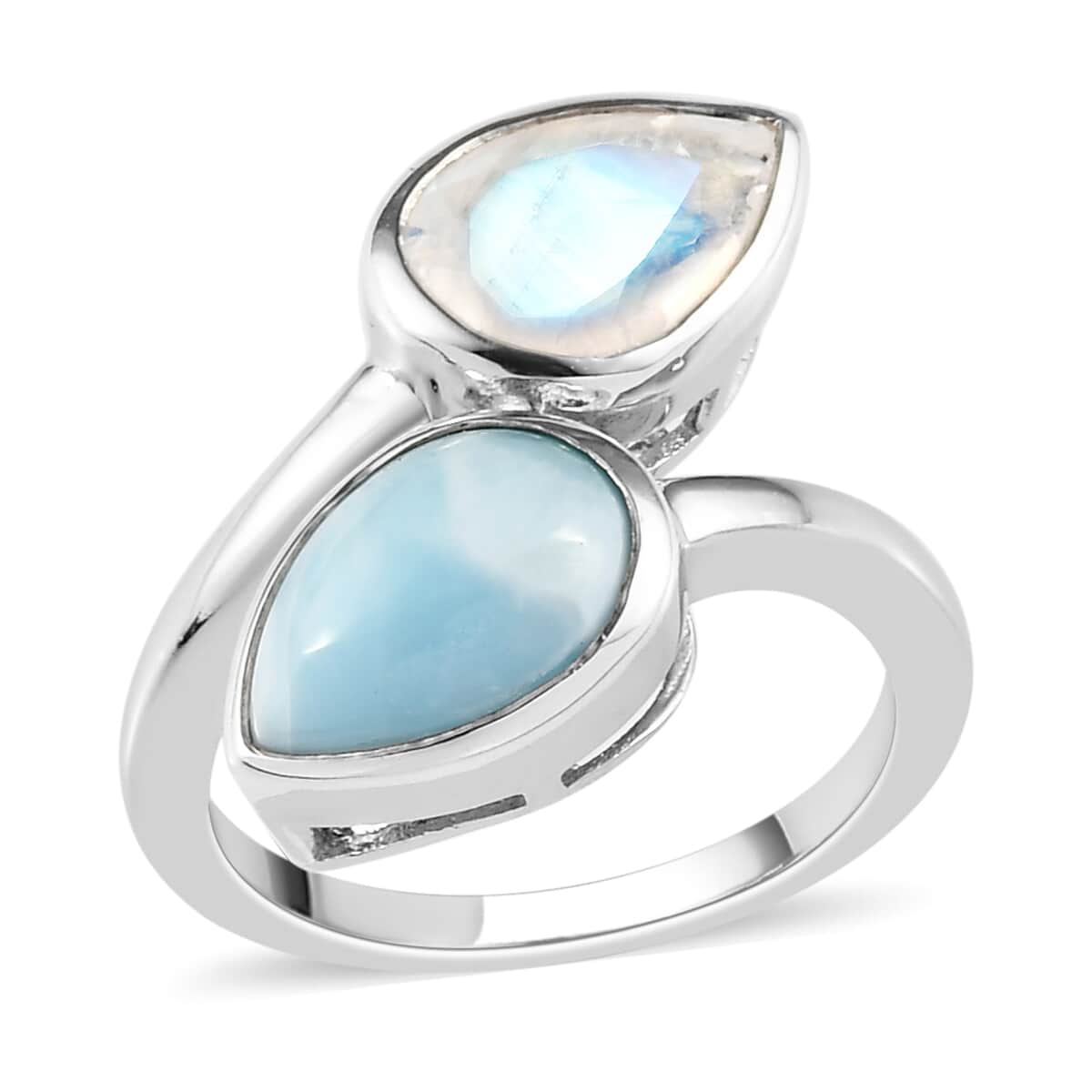 Larimar and Rainbow Moonstone Bypass Ring in Platinum Over Sterling Silver (Size 10.0) 4.15 ctw image number 0