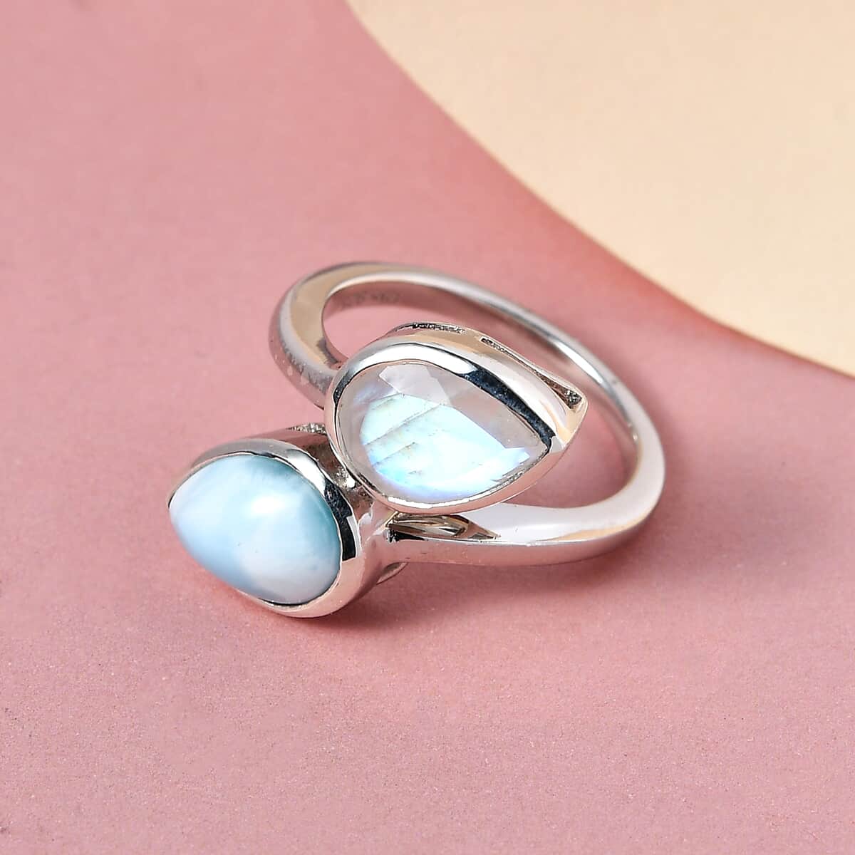 Larimar and Rainbow Moonstone Bypass Ring in Platinum Over Sterling Silver (Size 10.0) 4.15 ctw image number 1