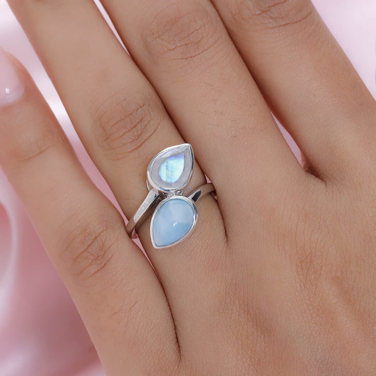 Larimar and Rainbow Moonstone Bypass Ring in Platinum Over Sterling Silver (Size 10.0) 4.15 ctw image number 2