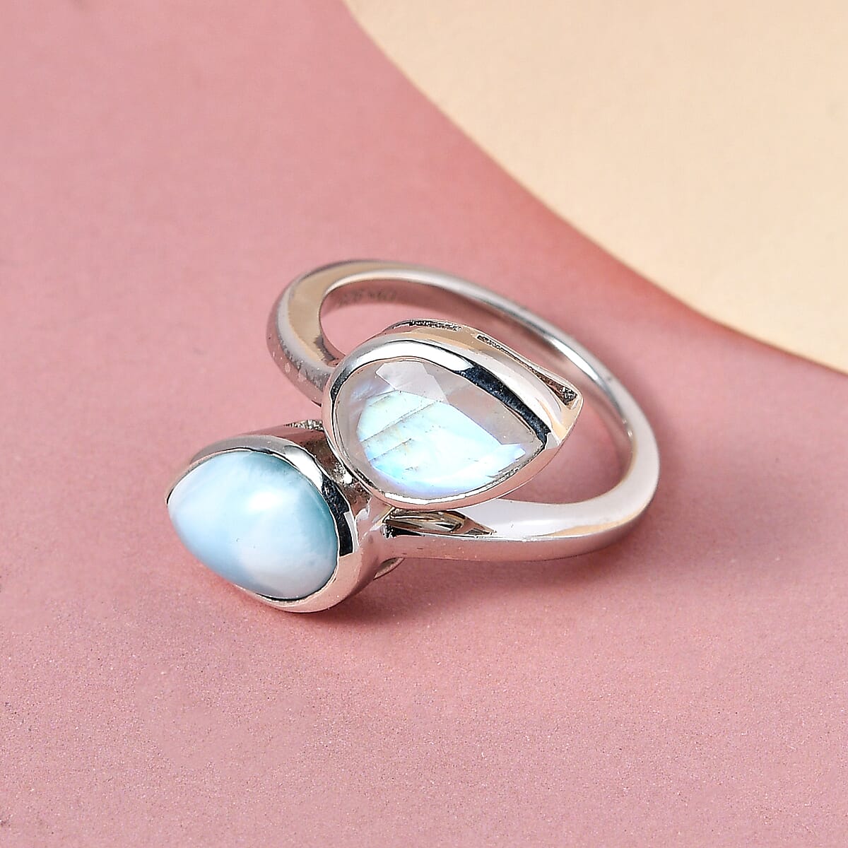 Larimar and Premium Rainbow Moonstone Bypass Ring in Platinum Over Sterling Silver (Size 5.0) 4.15 ctw image number 1