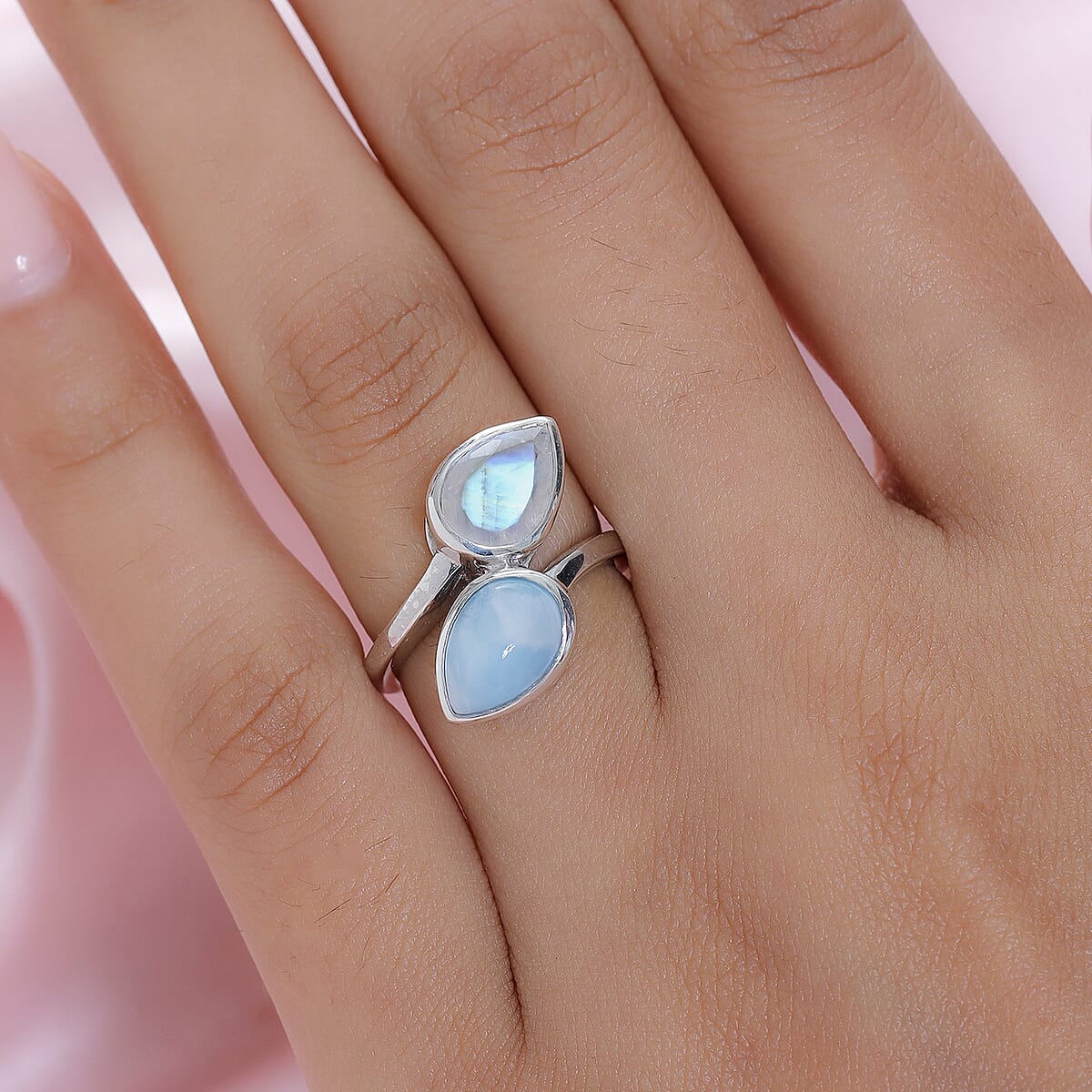 Larimar and Premium Rainbow Moonstone Bypass Ring in Platinum Over Sterling Silver (Size 5.0) 4.15 ctw image number 2