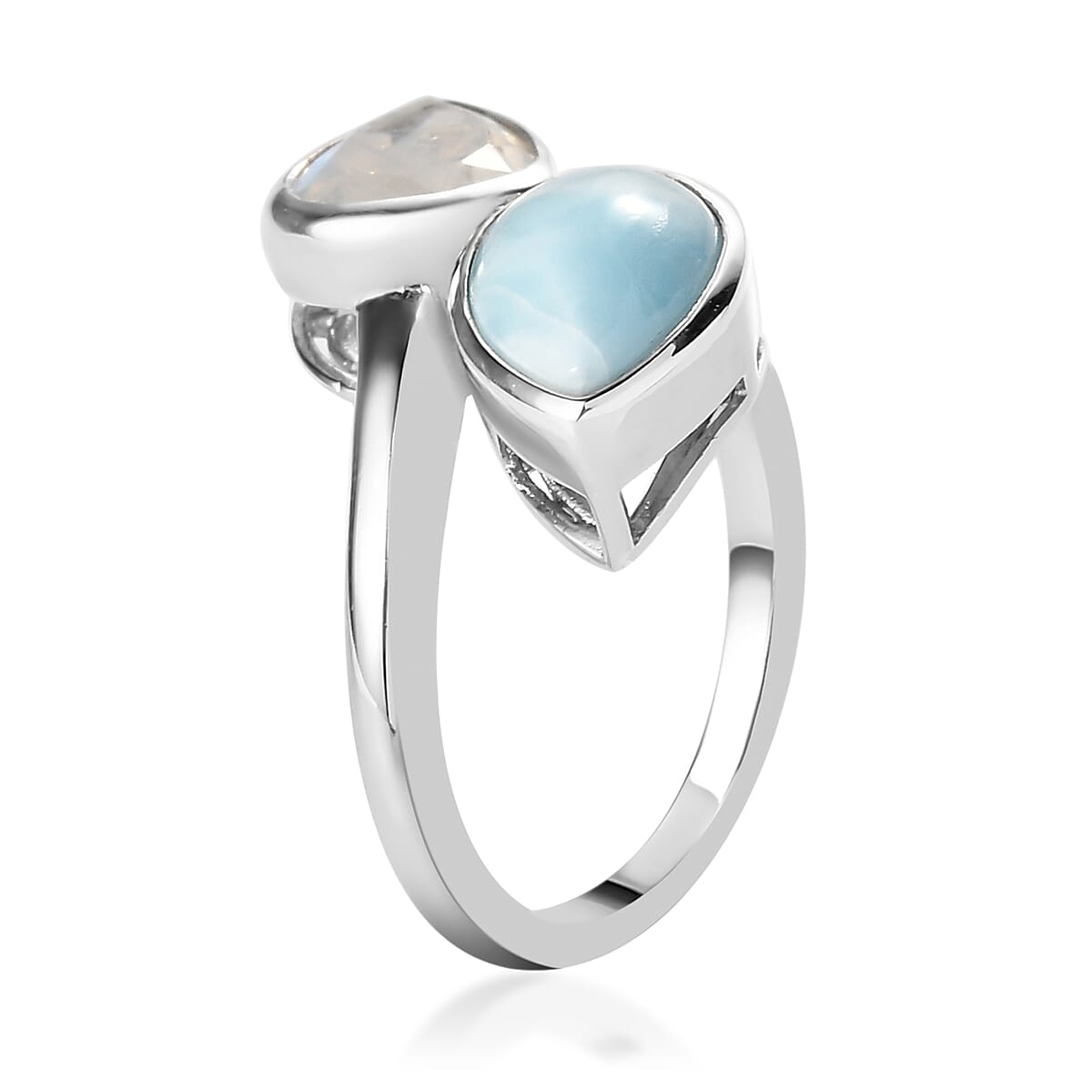 Larimar and Premium Rainbow Moonstone Bypass Ring in Platinum Over Sterling Silver (Size 5.0) 4.15 ctw image number 3