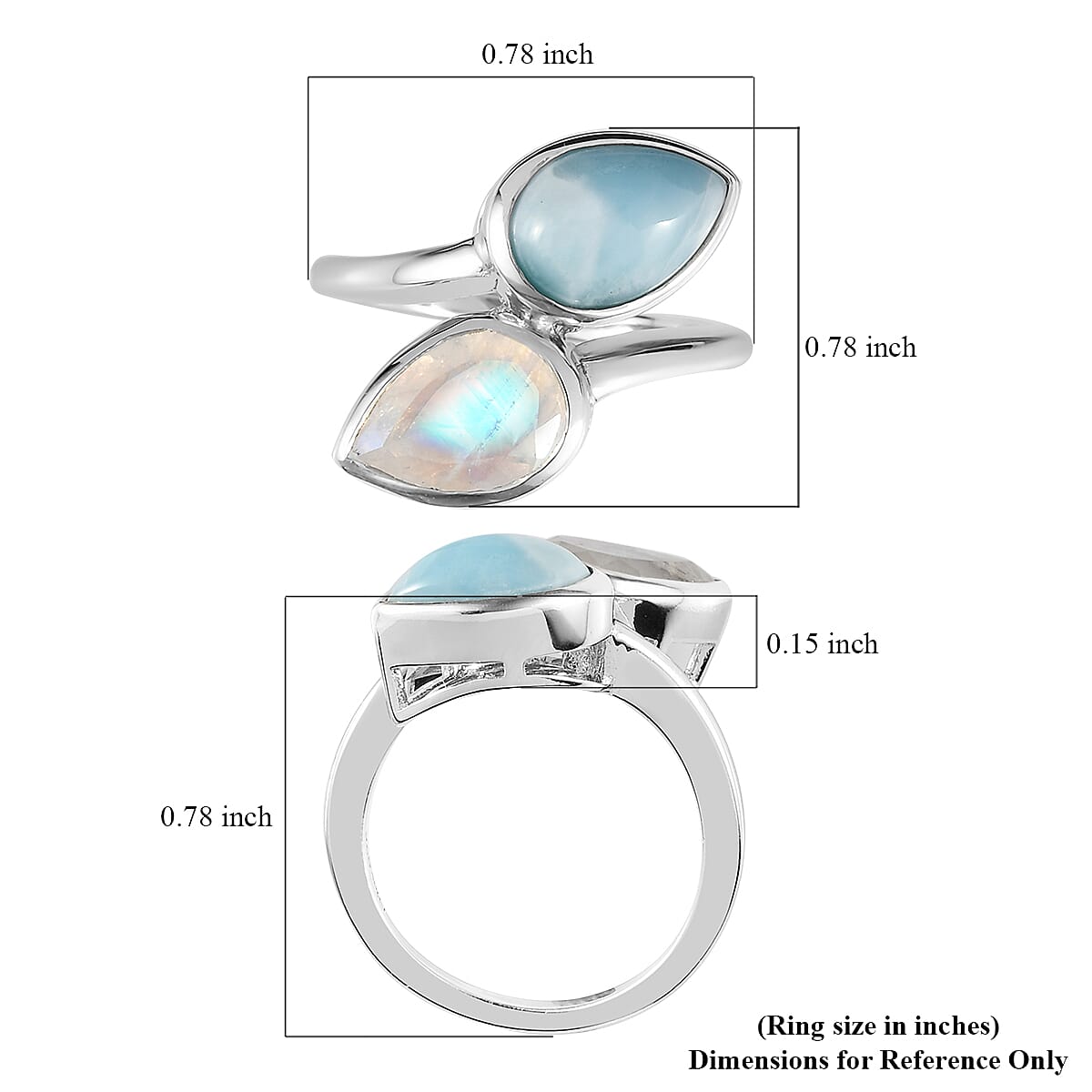 Larimar and Premium Rainbow Moonstone Bypass Ring in Platinum Over Sterling Silver (Size 5.0) 4.15 ctw image number 5