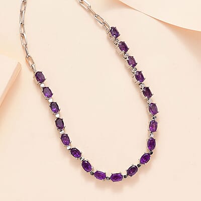 Amethyst 8.35 ctw Paper Clip Chain Necklace in Platinum Bond and Stainless Steel 20 Inches, Tarnish-Free, Waterproof, Sweat Proof Jewelry
