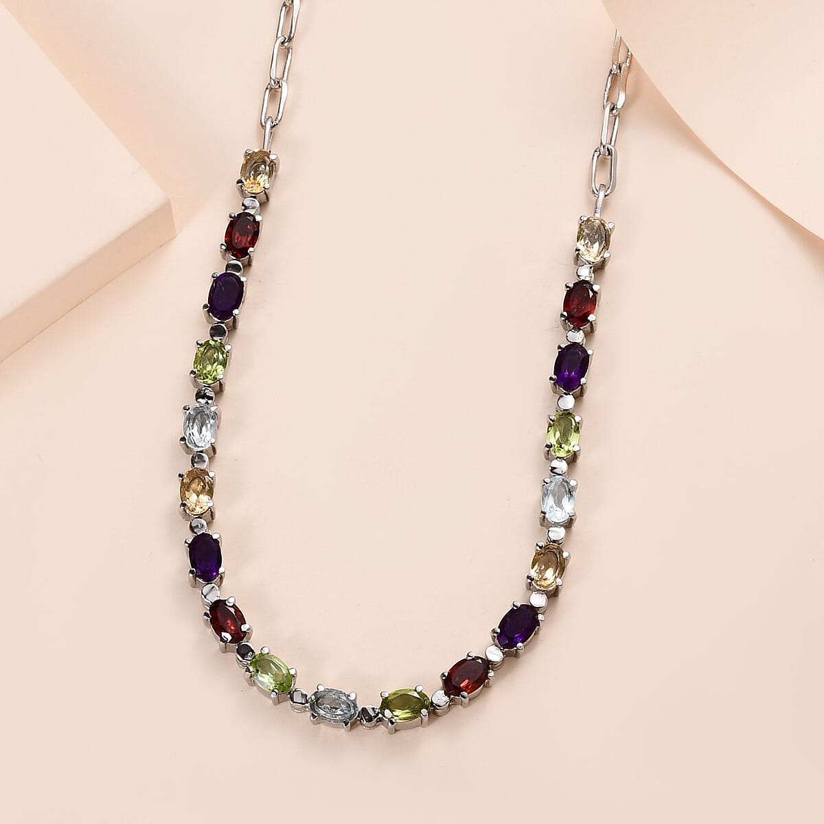 Multi Gemstone 9.50 ctw Paper Clip Chain Necklace in Platinum Bond and Stainless Steel 20 Inches, Tarnish-Free, Waterproof, Sweat Proof Jewelry image number 1