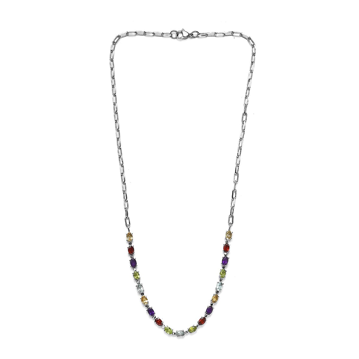 Multi Gemstone 9.50 ctw Paper Clip Chain Necklace in Platinum Bond and Stainless Steel 20 Inches, Tarnish-Free, Waterproof, Sweat Proof Jewelry image number 3