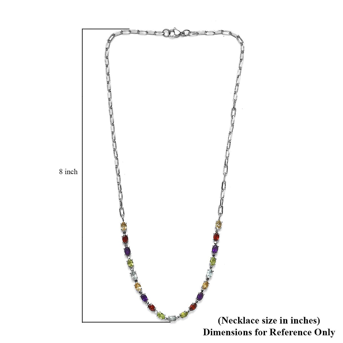 Multi Gemstone 9.50 ctw Paper Clip Chain Necklace in Platinum Bond and Stainless Steel 20 Inches, Tarnish-Free, Waterproof, Sweat Proof Jewelry image number 5