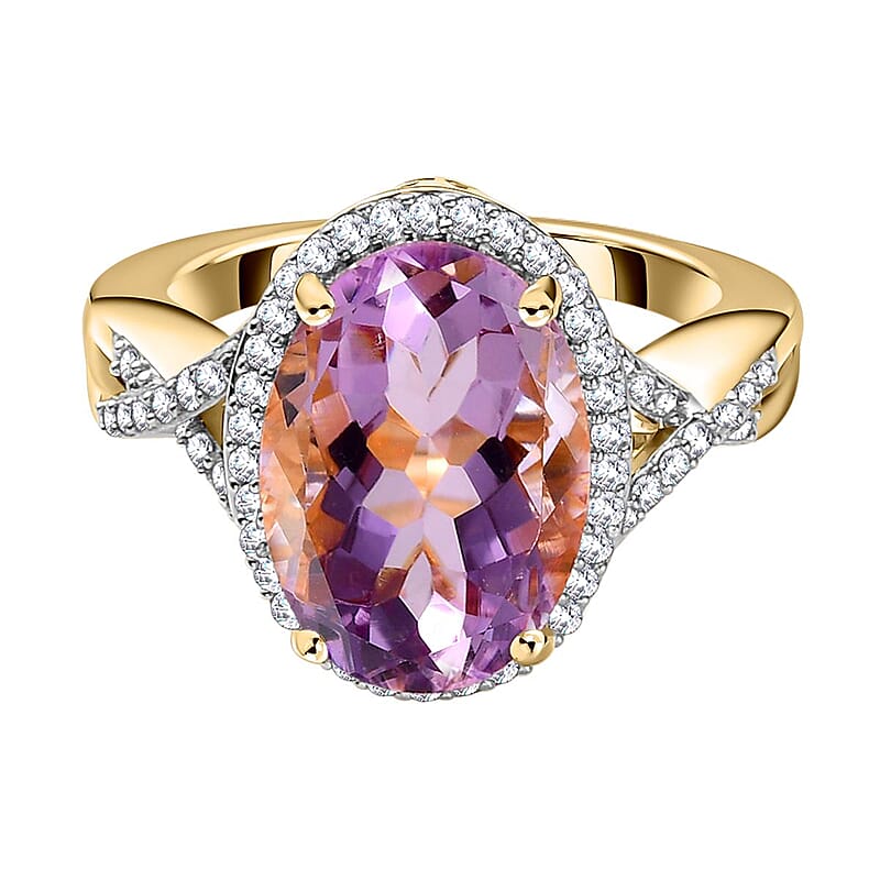Rose De France Amethyst and White Zircon 5.98 ctw Ring in 14K YG Over Sterling Silver (Size 10.0)