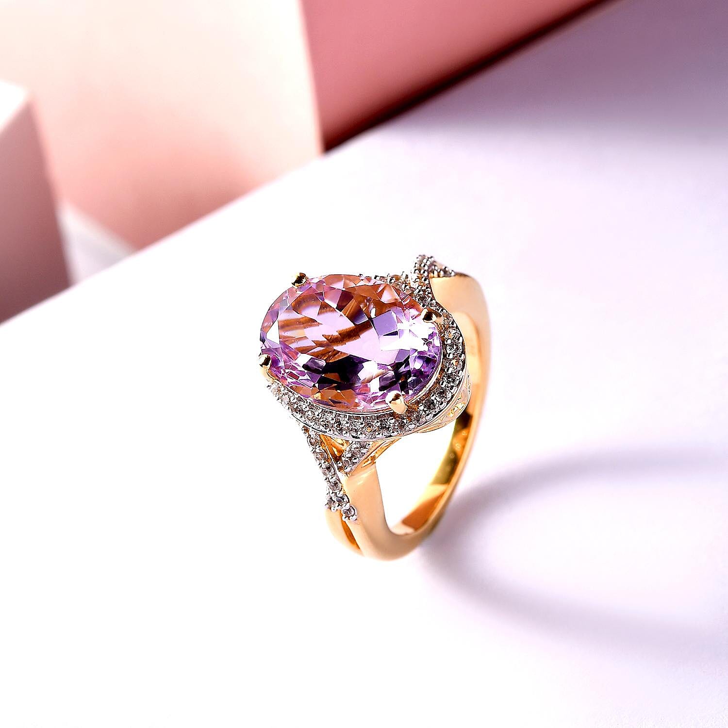 Rose De France Amethyst and White Zircon 5.98 ctw Ring in 14K YG Over Sterling Silver (Size 10.0)