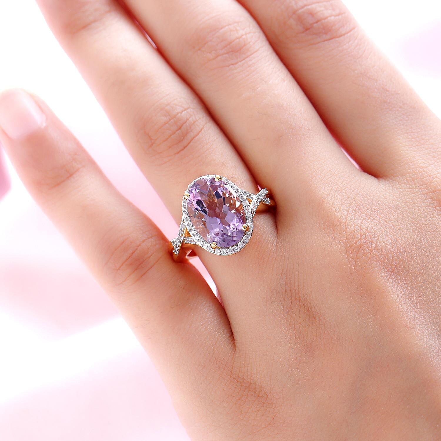 Rose De France Amethyst and White Zircon 5.98 ctw Ring in 14K YG Over Sterling Silver (Size 10.0)