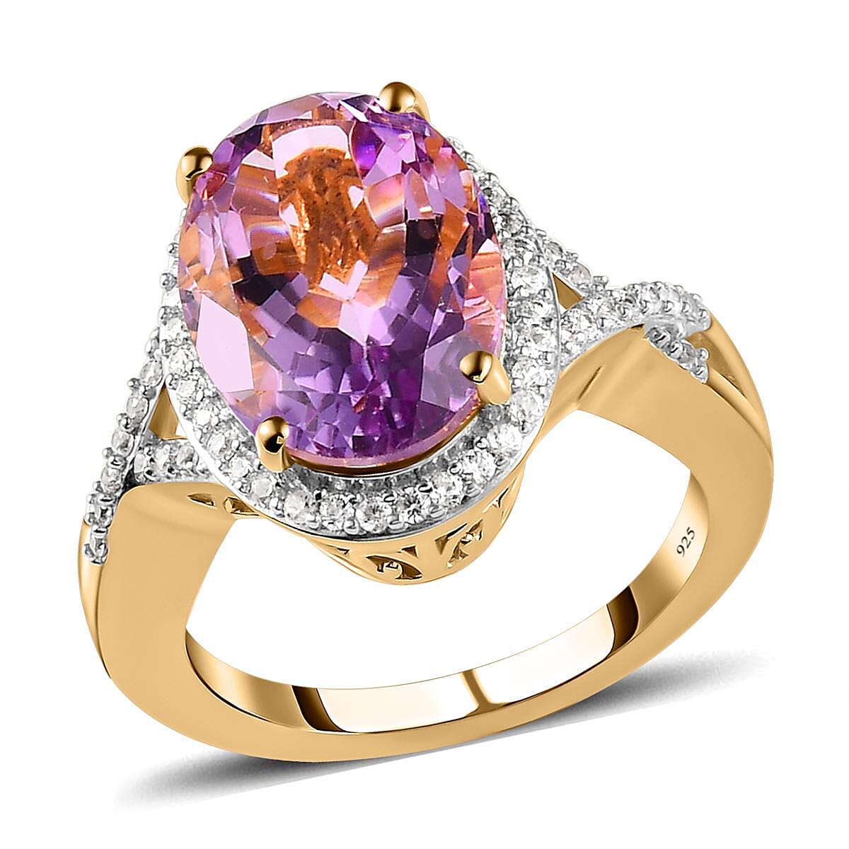 Rose De France Amethyst and White Zircon 5.98 ctw Ring in 14K YG Over Sterling Silver (Size 10.0)