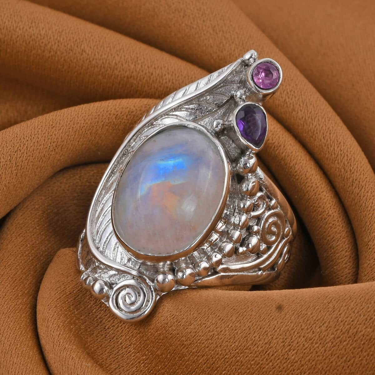 Sajen Silver Rainbow Moonstone and Multi Gemstone Ring in Sterling Silver (Size 10.0) 9 Grams 10.50 ctw image number 1
