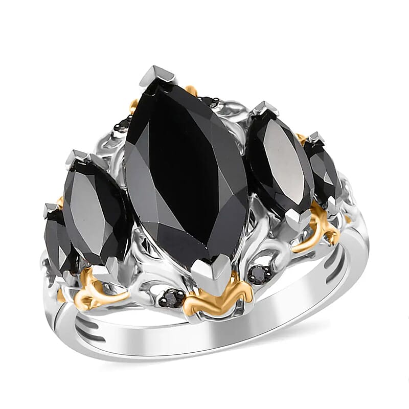 Thai Black Spinel Ring , Black Spinel 5 Stone Ring ,Black Diamond Accent Ring , Vermeil YG and Platinum Over Sterling Silver Ring , Black Ring 5.00 ctw