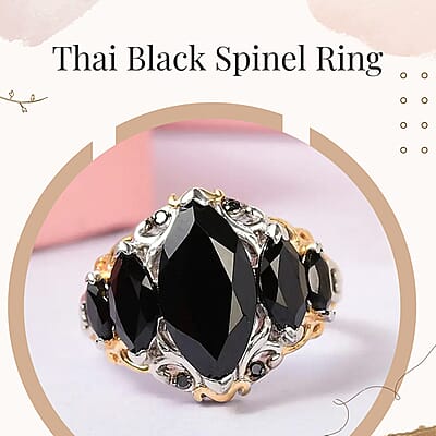 Thai Black Spinel Ring , Black Spinel 5 Stone Ring ,Black Diamond Accent Ring , Vermeil YG and Platinum Over Sterling Silver Ring , Black Ring 5.00 ctw