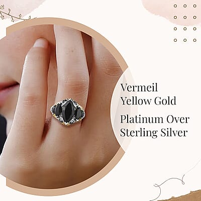 Thai Black Spinel Ring , Black Spinel 5 Stone Ring ,Black Diamond Accent Ring , Vermeil YG and Platinum Over Sterling Silver Ring , Black Ring 5.00 ctw