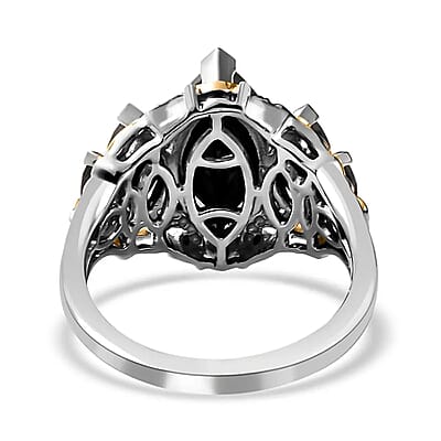 Thai Black Spinel Ring , Black Spinel 5 Stone Ring ,Black Diamond Accent Ring , Vermeil YG and Platinum Over Sterling Silver Ring , Black Ring 5.00 ctw